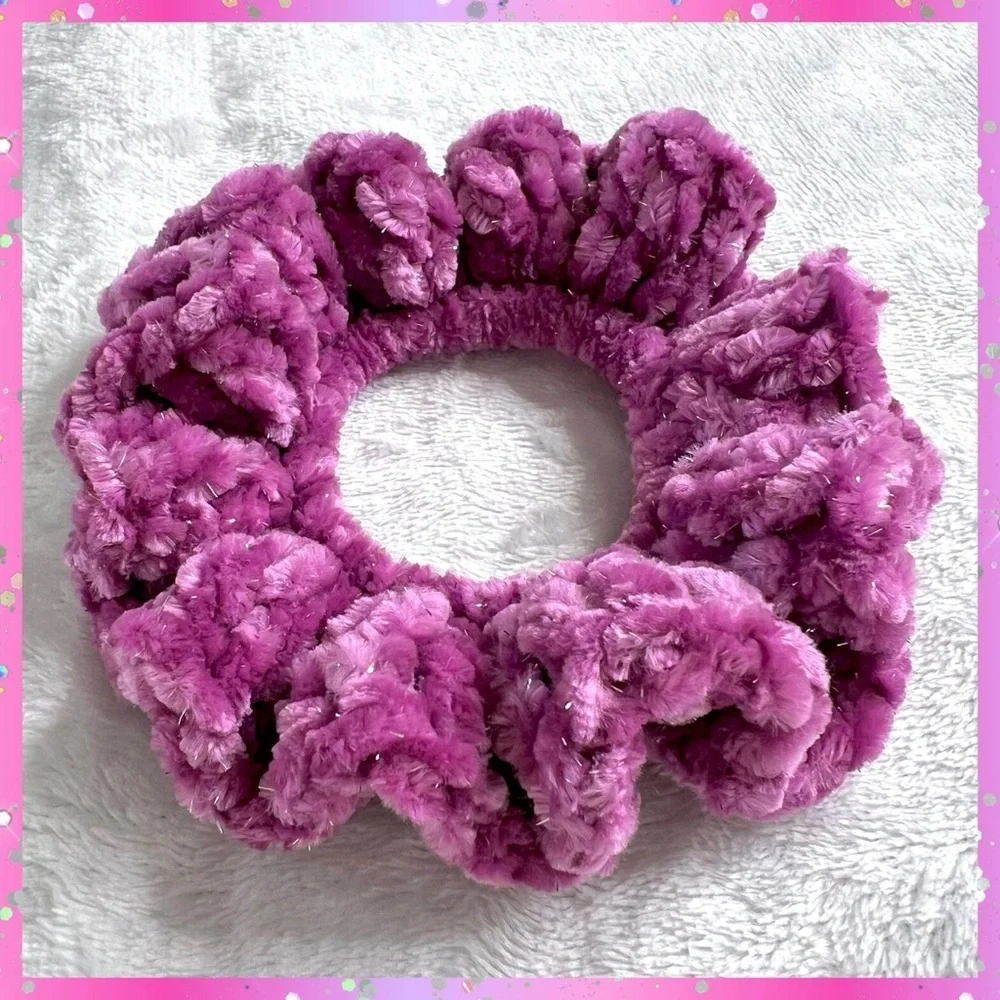 Handmade Crochet VELVET Luxe Pinkish Purple Hair Scrunchie PinkRainCloud